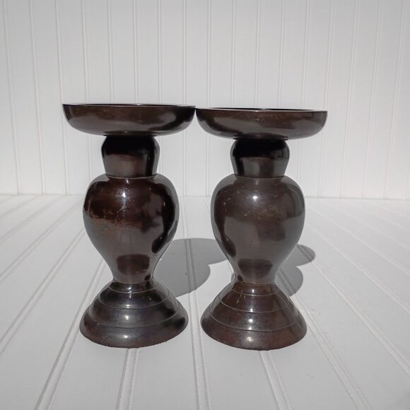 Vintage Candle Sticks Bronze Tone Heavy Metal Holders Taper Pillar Pair MCM - Picture 2 of 9